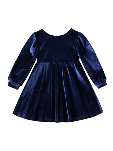 FEESHOW Baby Mädchen Langarm Kleid Weihnachten Festlich Samt Spitze Prinzessin Kleid A-Linie mit Bowknot Party Festzug Festtagskleid Winter Warm Neu_J_Marineblau 98-104 von FEESHOW