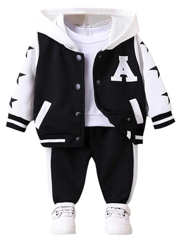 FEESHOW Babykleidung Set Jungen Sport Trainingsanzug Kapuze Baseball Jacke Und Hose 2 Teiler Kleinkind Babyset Gr. 68-98 Schwarz-Weiss 68-74 von FEESHOW