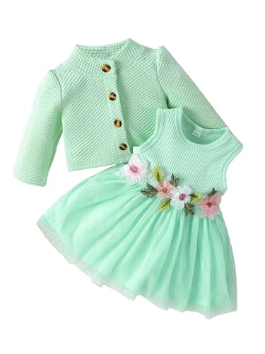 FEESHOW Babyset Mädchen Kleid Strickjacke Set Neugeborene Kinder Baby Sommer Festliche Outfits ärmelloses Blumenkleid Langarm Cardigan Set Grün_B 62-68 FEESHOW Babyset Mädchen Kleid Strickjacke Set Neugeborene Kinder Baby Sommer Festliche Outfits ärmelloses Blumenkleid Langarm Cardigan Set Grün_B 62-68 von FEESHOW