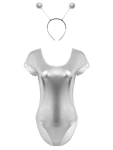 FEESHOW Damen Alien Kostüm Space Girl Stirnband Glänzende Metallic Body Set Space Travel Weltall Karneval Kostüm Disco Party Tanzkostüm Silber_G M von FEESHOW