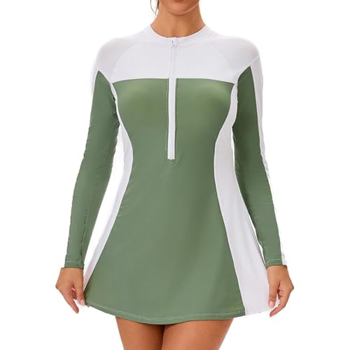 FEESHOW Damen Badeanzug Rash Guard Langarm Badekleid Bademode Mit Röcken Einteilige Islamische Schwimmkleidung Strandmode Grün 3XL von FEESHOW