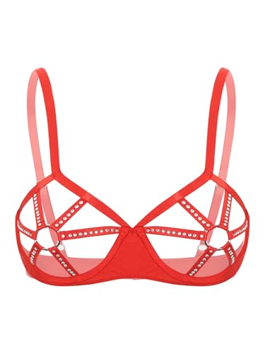 FEESHOW Damen Balconette BH Mit Bügel Körper Cross Cage Aushöhlen Büstenhalter Mit Strass Und O-Ring Ouvert Dessous Reizwäsche Brust Offen Rot XXL von FEESHOW