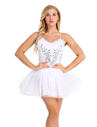 FEESHOW Damen Ballettkleid Spaghettiträger Pailletten Tanzkleid Trikot Tutu Ballerina Outfit Schwanensee Kostu?me Tanzanzug Weiß S von FEESHOW