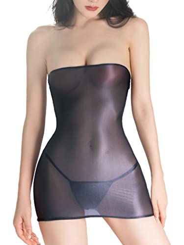 FEESHOW Damen Bandeau Kleid Eng Kurz Transparent Nylon Dessous Erotische Durchsichtige Unterrock Eng Versuchung Negligee Clubwear Schwarz_I Einheitsgröße von FEESHOW