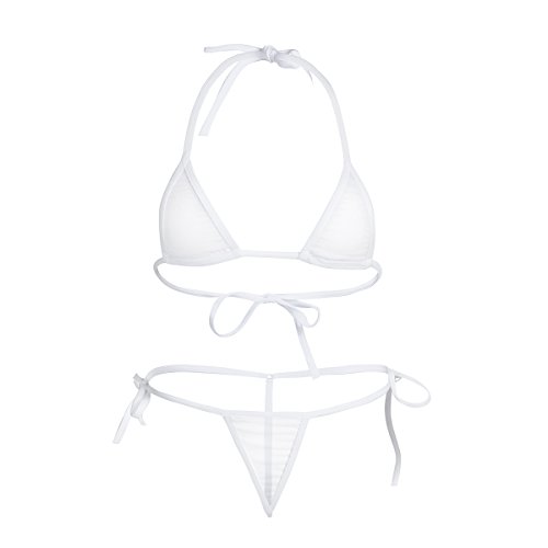 FEESHOW Damen Bikini Set Neckholder BH Top mit G-String Transparent Dessous Lingerie Nachtwäsche Set Weiß One Size von FEESHOW