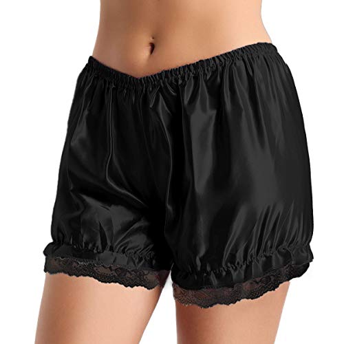 FEESHOW Damen Bloomers Satin Spitze Kurze Schlafanzughose Sicherheitshose mit Rüschen Sommer Schwarz One Size von FEESHOW