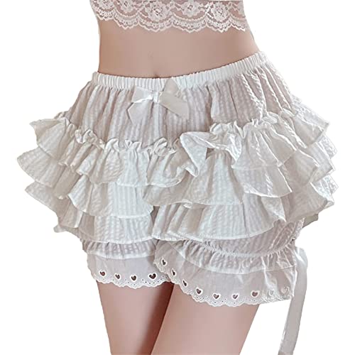 FEESHOW Damen Bloomers Vintage Rüschen Spitze Victorian Renaissance Maid Lolita Kürbis Shorts Kurze Pumphose Pantalons A_Weiß M von FEESHOW