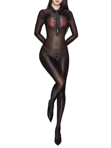 FEESHOW Damen Bodystocking Ölig Glänzend Ouvert Nylon Catsuit Transparent Bodysuit Full Body Stockings Mit Reißverschluss Schwarz L von FEESHOW