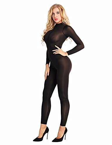 FEESHOW Damen Bodystockings Transparent Ganzkörper Strumpfhosen Sexy Ouvert Catsuit Bodysuit Dessous mit Schritt Reissverschluss Schwarz L von FEESHOW