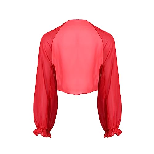 FEESHOW Damen Bolero Elegant Langarm Cardigan Chiffon Dünne Sommer Strand Jacke mit Rüschen Ärmel Rot One Size von FEESHOW