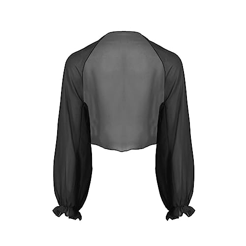 FEESHOW Damen Bolero Elegant Langarm Cardigan Chiffon Dünne Sommer Strand Jacke mit Rüschen Ärmel Schwarz One Size von FEESHOW