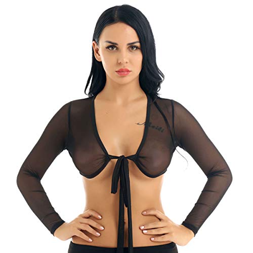 FEESHOW Damen Bolero Schulterjacke Langarm Transparent mit Schnü"Rung Design Sexy Oberteil für Party Club Schwarz/Weiß Schwarz Large von FEESHOW