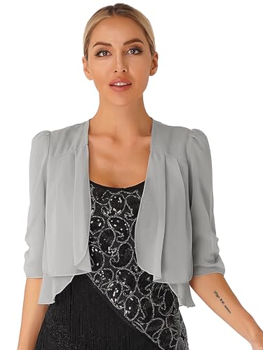 FEESHOW Damen Bolerojacke Festlich Kurzarm Chiffon Schulterjacke Jäckchen Elegant für Hochzeit Abendkleid Brautkleid Grau M von FEESHOW