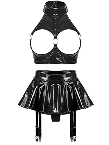 FEESHOW Damen Wetlook Dessous Set Ouvert Lack Leder Brustfreie Hebe BH Büstenhebe Leder Rock Strings Briefs Strapse Unterwäsche Set E_Schwarz L von FEESHOW