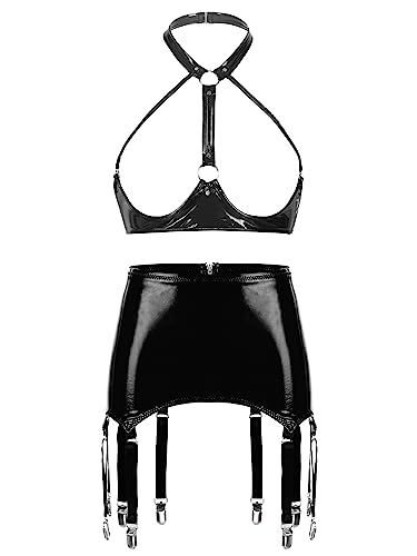 FEESHOW Damen Wetlook Dessous Set Ouvert Lack Leder Brustfreie Hebe BH Büstenhebe Leder Rock Strings Briefs Strapse Unterwäsche Set G_Schwarz XL von FEESHOW