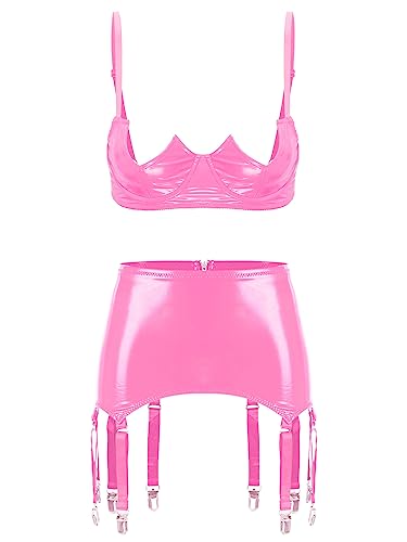 FEESHOW Damen Brustfreier BH Set Wetlook Strapse Dessous Set Ouvert Hebe BH Unterbrust Leder Lack Rock Strapsgürtel 8 Halter Strumpfhalter Set Rosa 4XL von FEESHOW