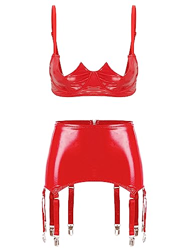 FEESHOW Damen Brustfreier BH Set Wetlook Strapse Dessous Set Ouvert Hebe BH Unterbrust Leder Lack Rock Strapsgürtel 8 Halter Strumpfhalter Set Rot XXL von FEESHOW