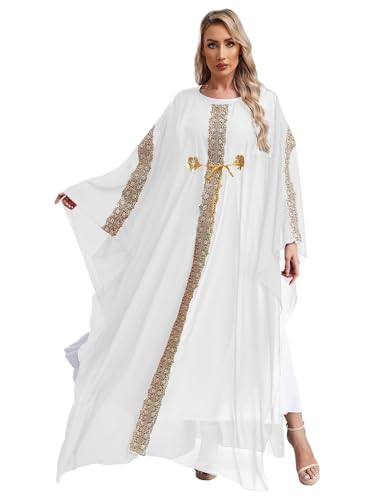 FEESHOW Damen Chiffon Abaya Lang Arabisch Muslimisch Dubai Türkisch Kaftan Kleid Maxi Kimono Robe Mit Gold-Stickerei Weiß Einheitsgröße von FEESHOW