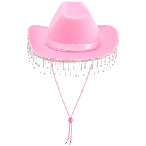 FEESHOW Damen Cowboyhut mit Strass Fransen Glitzer Cowgirl Hut Mütze Party Halloween Karneval Kostüm Zubehör Kopfbedeckung Rosa One Size von FEESHOW