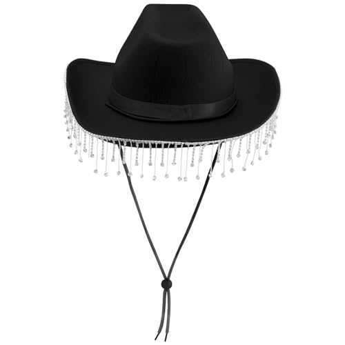 FEESHOW Damen Cowboyhut mit Strass Fransen Glitzer Cowgirl Hut Mütze Party Halloween Karneval Kostüm Zubehör Kopfbedeckung Schwarz One Size von FEESHOW