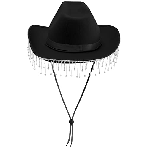 FEESHOW Damen Cowboyhut mit Strass Fransen Glitzer Cowgirl Hut Mütze Party Halloween Karneval Kostüm Zubehör Kopfbedeckung Schwarz Einheitsgröße von FEESHOW