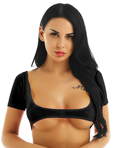 FEESHOW Damen Dessous Crop Top Sexy Tanktops T-Shirt Kurzes Shirt Nachtwäsche Oberteile Cosplay Sommer zum binden/Brief Drucken/Einfarbig Typ_D_Schwarz Einheitsgröße von FEESHOW