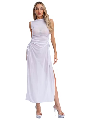 FEESHOW Damen Durchsichtiges Mesh Kleid Strand Party Rave Festival Kleid Mit Schlitz Bikini Vertuschung Clubwear Weiß S von FEESHOW