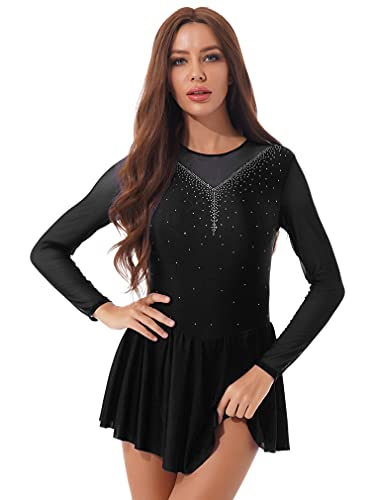 FEESHOW Damen Eiskunstlauf Kleid Langarm Rollschuhkleid Glitzer Mesh Tanztrikot Ballett Leotard mit Tanzrock Eislaufen Wettkämpfe Bekleidung Schwarz_B L von FEESHOW