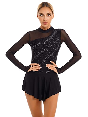 FEESHOW Damen Eiskunstlauf Kleid Langarm Rollschuhkleid Glitzer Mesh Tanztrikot Ballett Leotard mit Tanzrock Eislaufen Wettkämpfe Bekleidung Schwarz_L M von FEESHOW