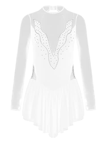 FEESHOW Damen Eiskunstlauf Kleid Langarm Rollschuhkleid Glitzer Mesh Tanztrikot Ballett Leotard mit Tanzrock Eislaufen Wettkämpfe Bekleidung Weiß_D L von FEESHOW