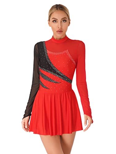 FEESHOW Damen Eiskunstlauf Kleid Langarm Rollschuhkleid Glitzer Mesh Tanztrikot Ballett Leotard mit Tanzrock Eislaufen Wettkämpfe Bekleidung Rot_O L von FEESHOW