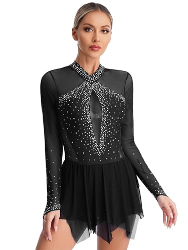 FEESHOW Damen Eiskunstlauf Kleid Langarm Rollschuhkleid Glitzer Mesh Tanztrikot Ballett Leotard mit Tanzrock Eislaufen Wettkämpfe Bekleidung Schwarz_R S von FEESHOW