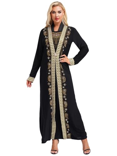 FEESHOW Damen Elegant Abendkleider Muslim Arabisch Dubai Abaya Glitzer Strass Stickerei Maxikleid Party Hochzeit Kleid Gelb-Stickerei XXL von FEESHOW