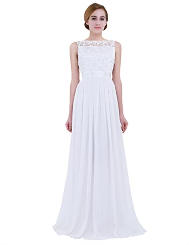 FEESHOW Damen Festlich Kleider Chiffon Brautjungfer Kleid lang ärmellos mit Stickerei Kommunion Taufe Hochzeit Partykleid Gr.34-46 Weiß 42 von FEESHOW