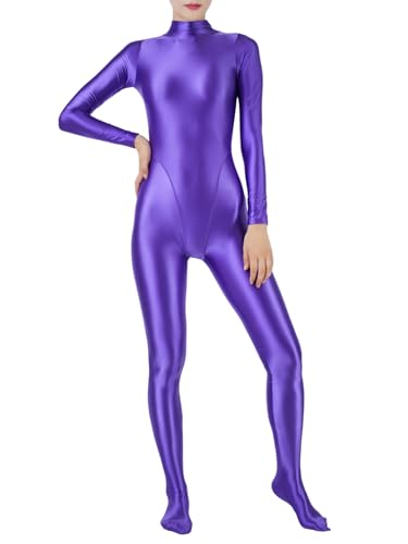 FEESHOW Damen Glänzend Ganzkörperanzug Sport Jumpsuit Yoga Overall Eng Einteiler Ganzkörper Kostüm Gymnastik Tanz Ballett Leotard Lila M von FEESHOW