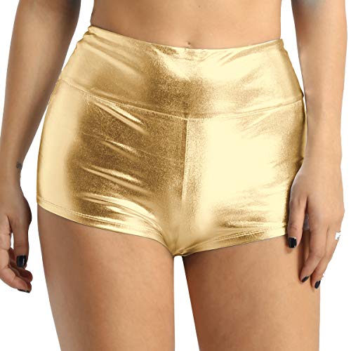 FEESHOW Damen Glänzend Hotpants Metallic Shorts Booty Panty Strech High Waist Minishorts für Sport Fitness Tanz Party Club Gold S(Taille 62cm) von FEESHOW