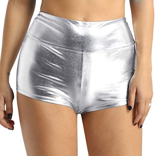 FEESHOW Damen Glänzend Hotpants Metallic Shorts Booty Panty Strech High Waist Minishorts für Sport Fitness Tanz Party Club Silber S(Taille 62cm) von FEESHOW