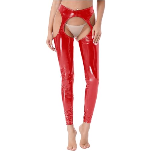 FEESHOW Damen Glänzend Lackleder Leggings Ouvert Leder Latex Hose Tights Crotchless Pantyhose Gogo Clubwear Rot XXL von FEESHOW