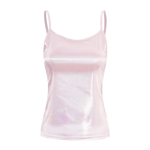 FEESHOW Damen Glänzend Metallische Top Lack Leder-Look Tank Top Shirt Trägertop Wetlook Dessous Unterwäsche Fasching Karneval Clubwear Rosa M von FEESHOW