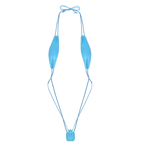 FEESHOW Damen Micro Bikini Monokini Neckholder Dreipunkt Bikini Badeanzug Stringbody Rückenfrei Mini Dessous Blau Einheitsgröße von FEESHOW