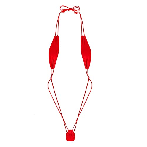 FEESHOW Damen Micro Bikini Monokini Neckholder Dreipunkt Bikini Badeanzug Stringbody Rückenfrei Mini Dessous Rot Einheitsgröße von FEESHOW