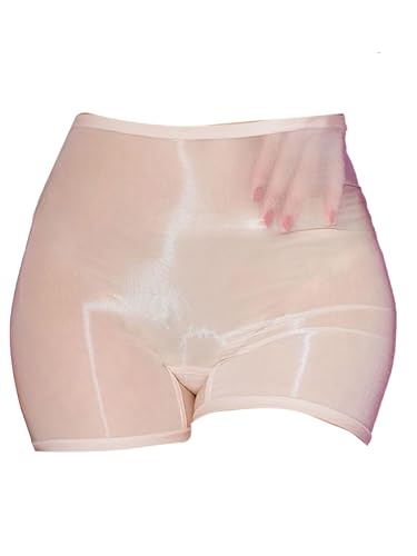 FEESHOW Damen Glänzend Transparent Boxer Shorts Briefs Unterwäsche Glatte Nylon Slip Unterhosen Hohe Taille Glossy Reizwäsche Atmungsaktiv A_Aprikose Einheitsgröße von FEESHOW