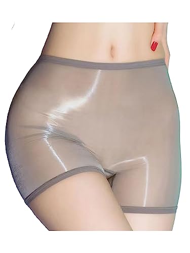 FEESHOW Damen Glänzend Transparent Boxer Shorts Briefs Unterwäsche Glatte Nylon Slip Unterhosen Hohe Taille Glossy Reizwäsche Atmungsaktiv A_Grau Einheitsgröße von FEESHOW