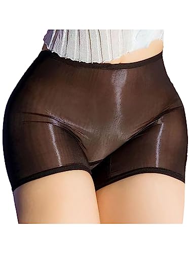 FEESHOW Damen Glänzend Transparent Boxer Shorts Briefs Unterwäsche Glatte Nylon Slip Unterhosen Hohe Taille Glossy Reizwäsche Atmungsaktiv A_Schwarz Einheitsgröße von FEESHOW