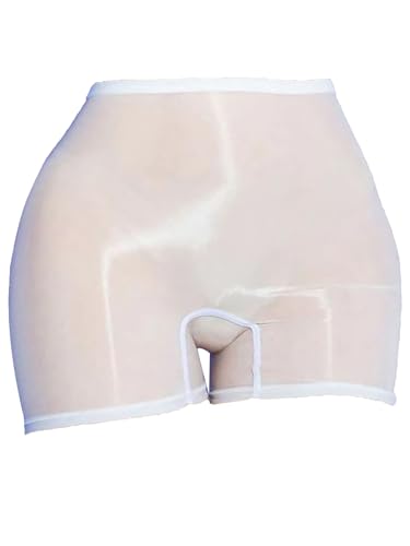 FEESHOW Damen Glänzend Transparent Boxer Shorts Briefs Unterwäsche Glatte Nylon Slip Unterhosen Hohe Taille Glossy Reizwäsche Atmungsaktiv A_Weiß Einheitsgröße von FEESHOW