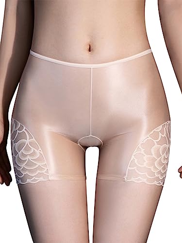 FEESHOW Damen Glänzend Transparent Boxer Shorts Briefs Unterwäsche Glatte Nylon Slip Unterhosen Hohe Taille Glossy Reizwäsche Atmungsaktiv B_Nude Einheitsgröße von FEESHOW