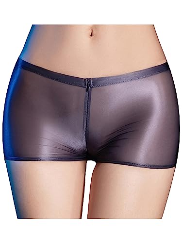 FEESHOW Damen Glänzend Transparent Shorts Unterwäsche Mit Reißverschluss Glatte Nylon Slip Boxer Briefs Unterhosen Reizwäsche Dunkelgrau Einheitsgröße von FEESHOW