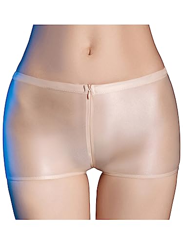 FEESHOW Damen Glänzend Transparent Boxer Shorts Briefs Unterwäsche Glatte Nylon Slip Unterhosen Hohe Taille Glossy Reizwäsche Atmungsaktiv C_Nude Einheitsgröße von FEESHOW