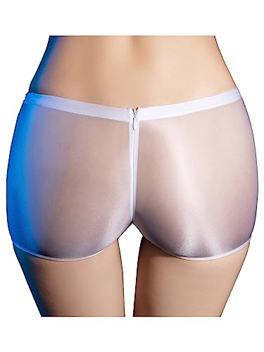 FEESHOW Damen Glänzend Transparent Shorts Unterwäsche Mit Reißverschluss Glatte Nylon Slip Boxer Briefs Unterhosen Reizwäsche Weiß Einheitsgröße von FEESHOW