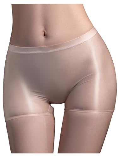 FEESHOW Damen Transparent Shorts Unterwäsche Glänzend Glatte Nylon Slip Boxer Briefs Unterhosen Hohe Taille Reizwäsche Nude Einheitsgröße von FEESHOW